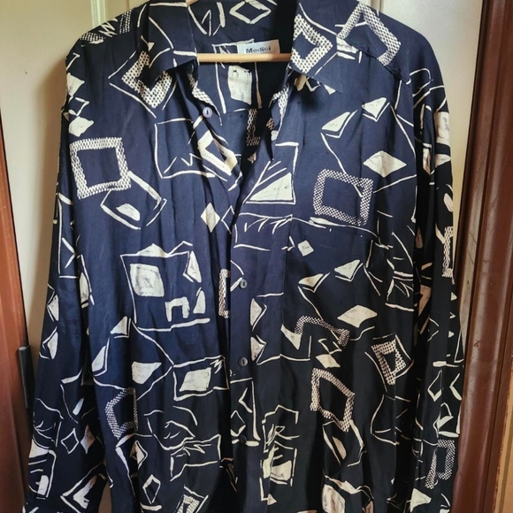 Men's Black and White Geometric Button Down Shirt - Picture 1 of 6